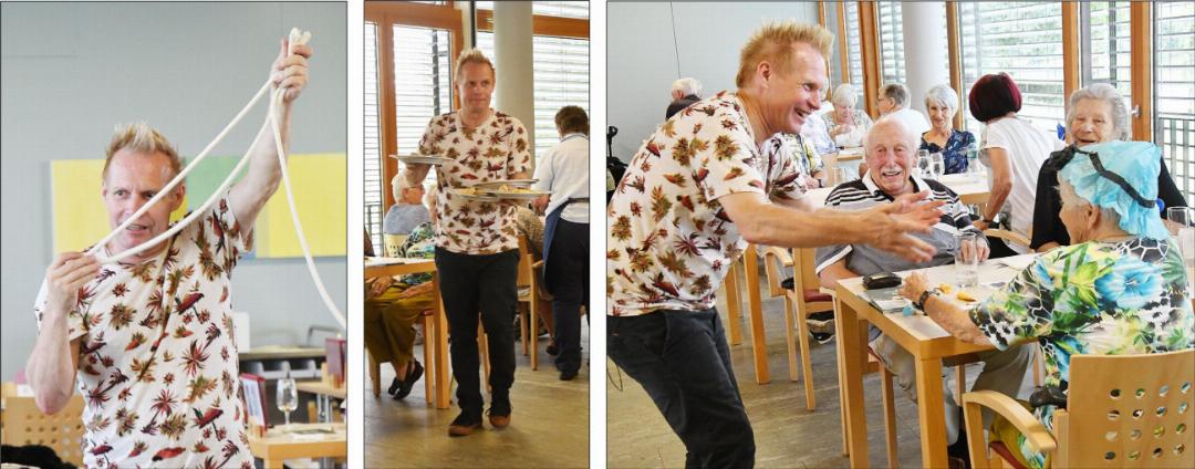 Im ersten Corona-Jahr, im August 2020, trat Peter Löhmann im Aargau dreimal auf, ohne eine Gage zu verlangen. Zu den Glücklichen gehörten auch die Seniorinnen und Senioren vom Mellinger Mittagstisch im Alterszentrum Im Grüt. Der Comedian überraschte sie mit Zaubertricks, brachte sie zum Lachen und bewies, dass er auch als Kellner taugt. Fotos: Archiv/hhs Im ersten Corona-Jahr, im August 2020, trat Peter Löhmann im Aargau dreimal auf, ohne eine Gage zu verlangen. Zu den Glücklichen gehörten auch die Seniorinnen und Senioren vom Mellinger Mittagstisch im Alterszentrum Im Grüt. Der Comedian überraschte sie mit Zaubertricks, brachte sie zum Lachen und bewies, dass er auch als Kellner taugt. Fotos: Archiv/hhs