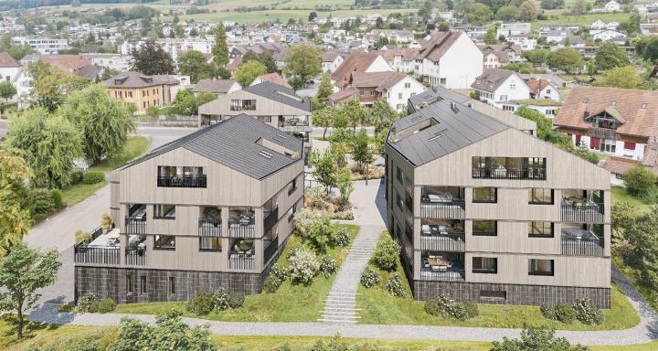 Im Sommer beginnt der Bau der drei Mehrfamilienhäuser auf der Bänkliwiese. Visualisierung Schoop De Santis