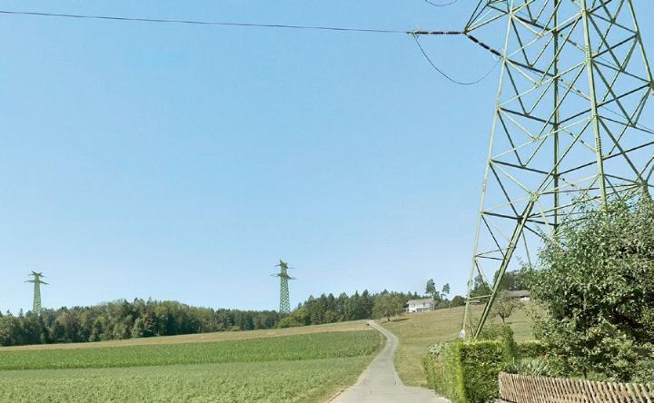 Die Masten der Starkstromleitung überragen die Bäume. Visualisierung: zVg
