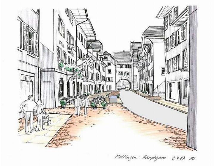 So soll sich die Hauptgasse – betrachtet vom alten Lenzburgertor aus in Richtung Restaurant Löwen (l.) und Brückentor (vorne, Mitte) – bereits nächsten Sommer präsentieren. Visualisierung, Skizze Hauptgasse