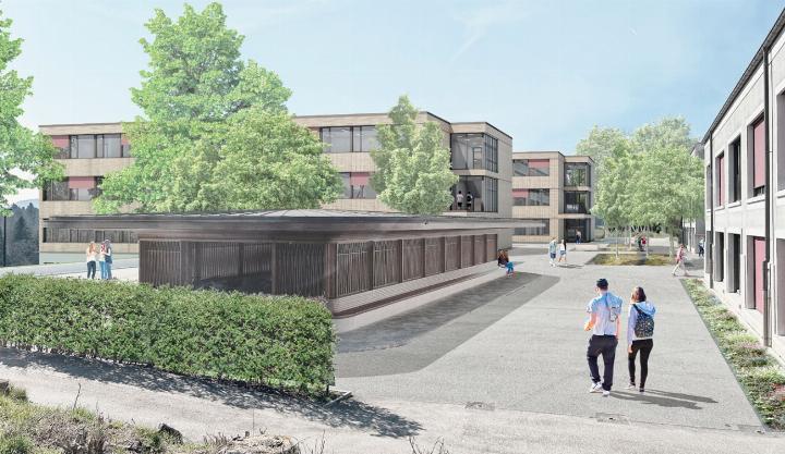 Das Siegerprojekt für den Erweiterungsbau der Kreisschule Rohrdorferberg heisst «Torfmoos». Zwei Holz-Neubauten werden an die Hangkante gebaut, darunter befindet sich die Turnhalle. Visualisierung: Hornberger Architekten