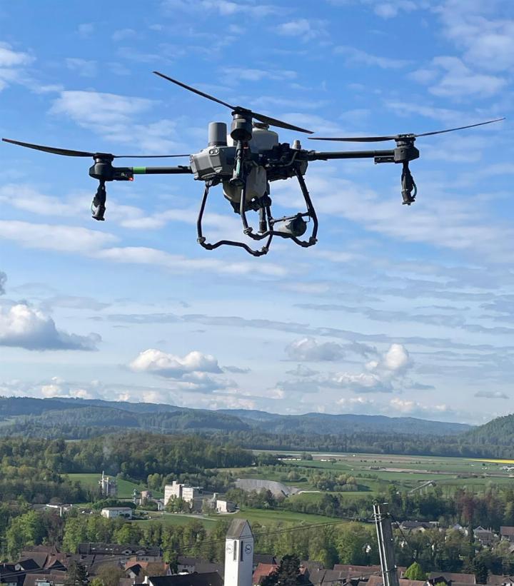 Letzte Woche war die Sprühdrohne zum ersten Mal im Einsatz. Bis Mitte August soll sie mehrmals über dem Rebberg Birmenstorf kreisen. Fotos: zVg