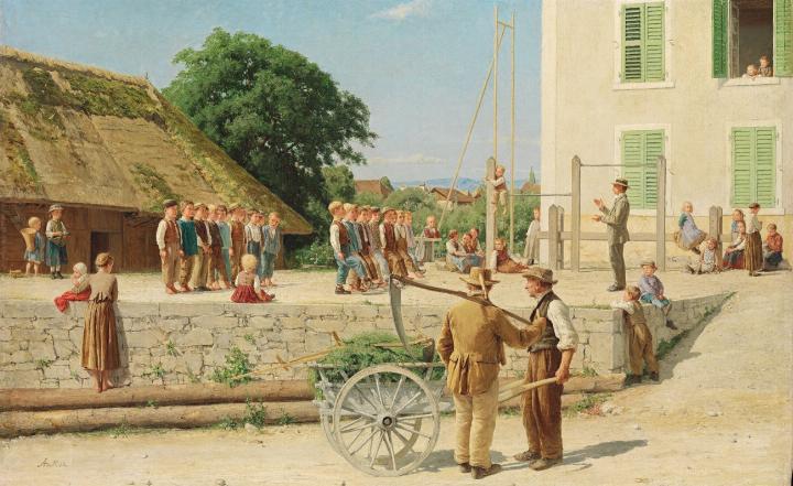 1879 malte Albert Anker (1831–1910) seine «Turnstunde in Ins». Das Ölgemälde zeigt vier Jahre nach der ersten Lehrer-Rekrutenschule, wie der Schul meister seine Buben exerzieren lässt. Vielleicht lässt er sie anschliessend die Kletterstange erklimmen. Albert Anker gehört zu den künstlerischen Chronisten des jungen Schweizer Bundesstaates. Foto: Sammlung Christoph Blocher 1879 malte Albert Anker (1831–1910) seine «Turnstunde in Ins». Das Ölgemälde zeigt vier Jahre nach der ersten Lehrer-Rekrutenschule, wie der Schul meister seine Buben exerzieren lässt. Vielleicht lässt er sie anschliessend die Kletterstange erklimmen. Albert Anker gehört zu den künstlerischen Chronisten des jungen Schweizer Bundesstaates. Foto: Sammlung Christoph Blocher