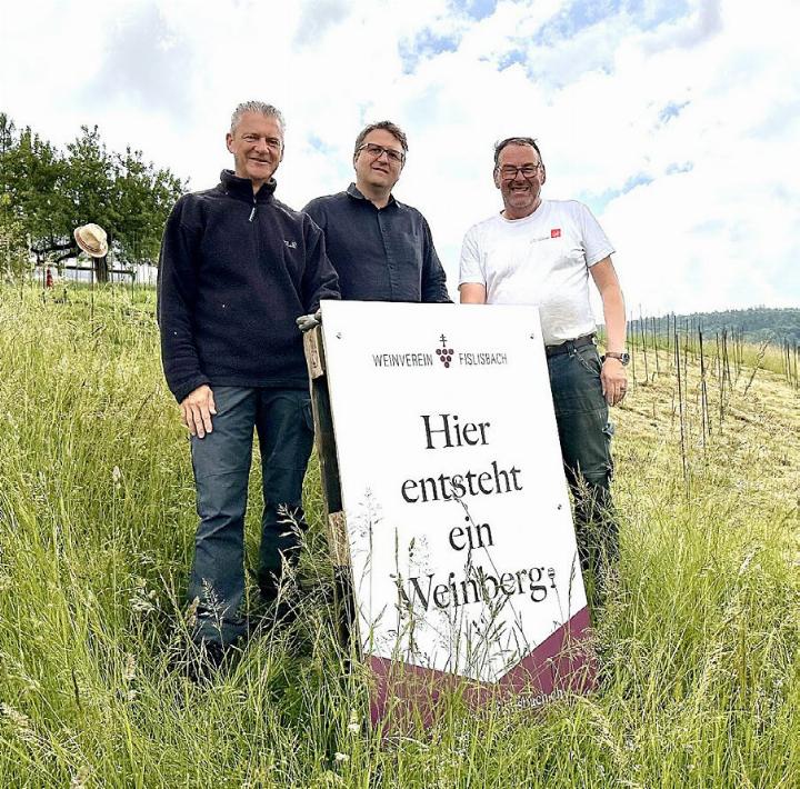 Die drei Hobbywinzer Roland Michel, Jörg Krummenacher und Michael Peterhans (v. l.) pflanzten 400 Rebsetzlinge auf der Parzelle bei der Kirche ein. Hier soll in vier Jahren göttlich guter Wein entstehen. Fotos: dg