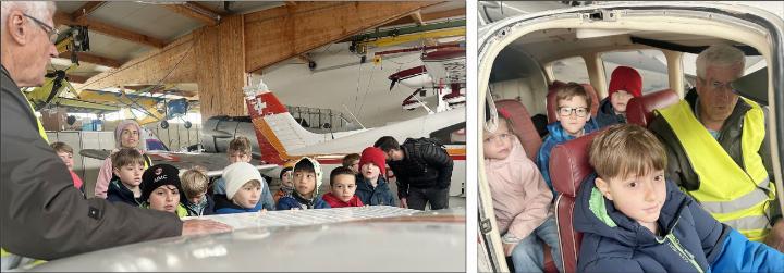 Auf dem Flugplatz Birrfeld erklärt Alfred Klauser (links), wie diese Piper im Hangar über bewegliche Klappen an den Flügeln gesteuert wird. Das wird im Cockpit anschliessend getestet. Fotos: hhs