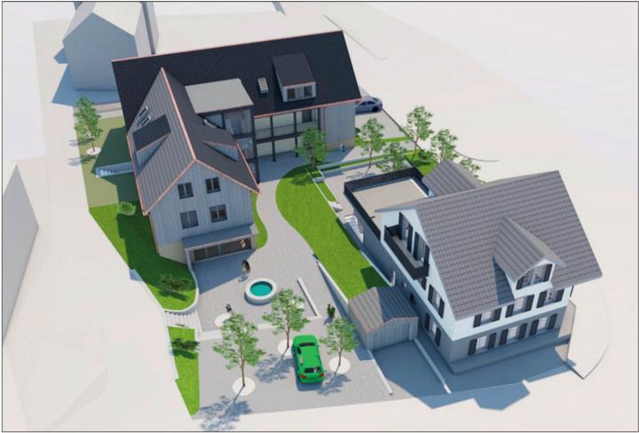 Hinter dem Restaurant Post (rechts) ist ein neues Mehrfamilienhaus geplant. Foto: Visualisierung zVg
