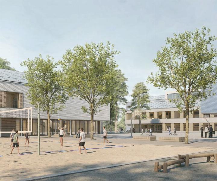 Die Visualisierung des Siegerprojekts mit Schulhof. Hinten fügt sich der schräg abfallende Erweiterungsbau, links die neue Turnhalle an. Fotos: zVg/dg