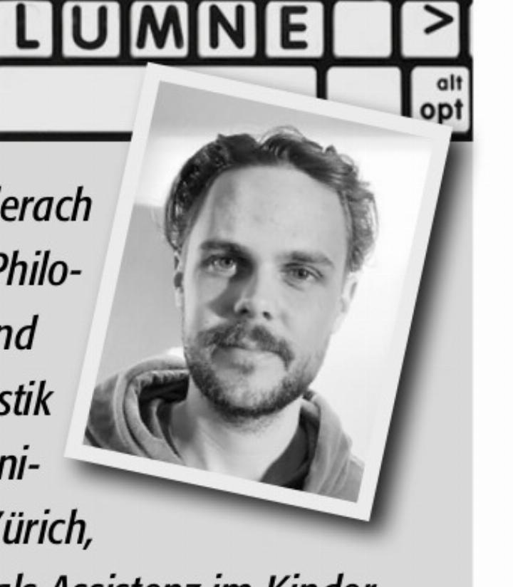Niko Läderach studiert Philo-sophie und Germanistik an der Uni-versität Zürich, arbeitet als Assistenz im Kinder-garten und an Wochenenden im Sportcenter. Seine Freizeit verbringt er gerne draussen mit dem Hund, an der Reuss, aber auch mal ge-mütlich zu Hause bei einer Lektüre.