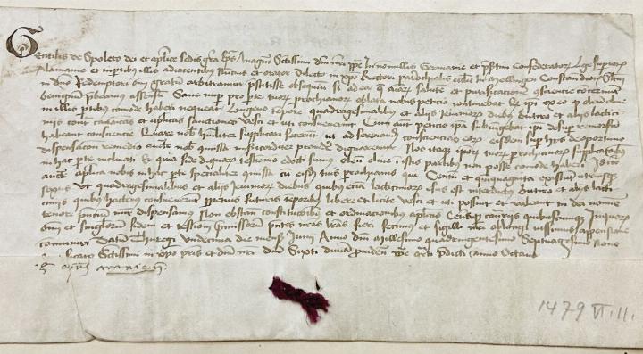 Der Butterbrief von Mellingen im Stadtarchiv: Gentilis von Spoleto, päpstlicher Nuntius, sandte diesen Brief 1479 an den Pfarrer von Mellingen. Er erlaubte Bewohnern, Milchprodukte in der Fastenzeit zu sich zu nehmen. Foto: zVg