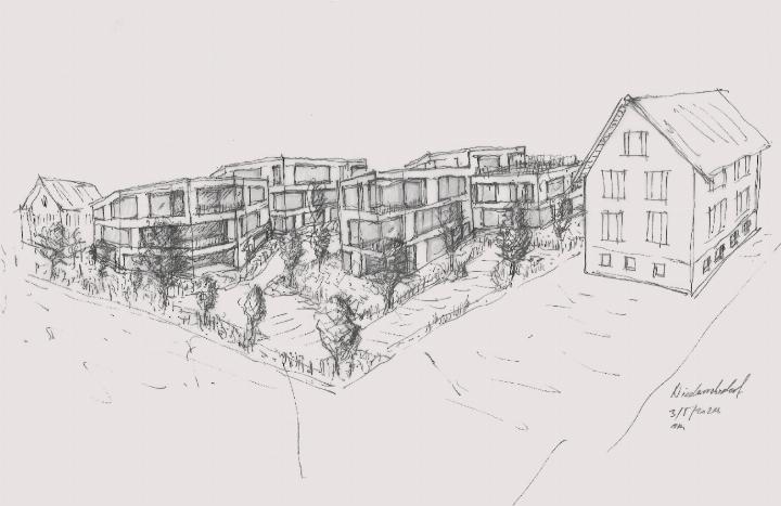 Statt rechteckiger Gebäude sollen am Buacherweg zwei polygone Mehrfamilienhäuser entstehen. Diese sind zusätzlich in sich versetzt angeordnet und sollen sich optimal in die Umgebung und die Nachbarschaft einfügen. Skizze: zVg