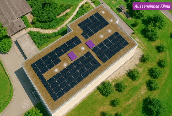 Auf dem Flachdach der Schule ist eine Photovoltaik-Anlage mit 168 Modulen geplant. Sie soll den zusätzlichen Energiebedarf der neuen aktiven Kühlung soweit als möglich decken. Die Kredite kommen vor die Gmeind. Visualisierung: zVg