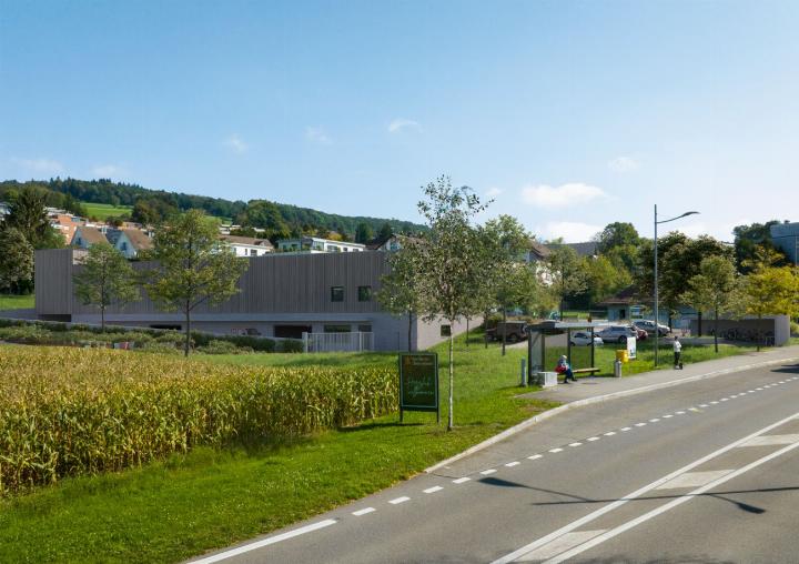 So könnte laut einer Machbarkeitsstudie der Werkhof an der Dorfstrasse aussehen. Vorgesehen sind auch Velostell plätze nahe der Bushaltestelle, wo heute das Schützenhaus steht. Visualisierung: Urs Müller Architekten & Planer AG