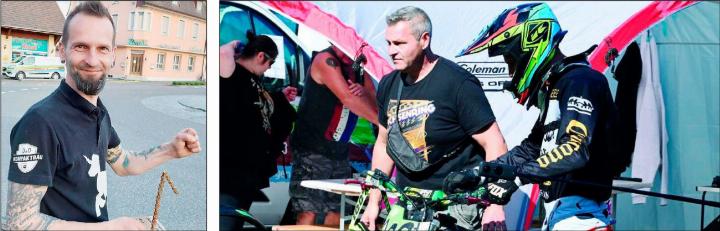 Pitbiker Dennis Fischer (Bild links, beim Lindenkreisel in Mellingen) holt Andreas «Chäli» Keller (Mitte) zurück. Mit ihm wurde er 2023 Meister.  Fotos: zVg