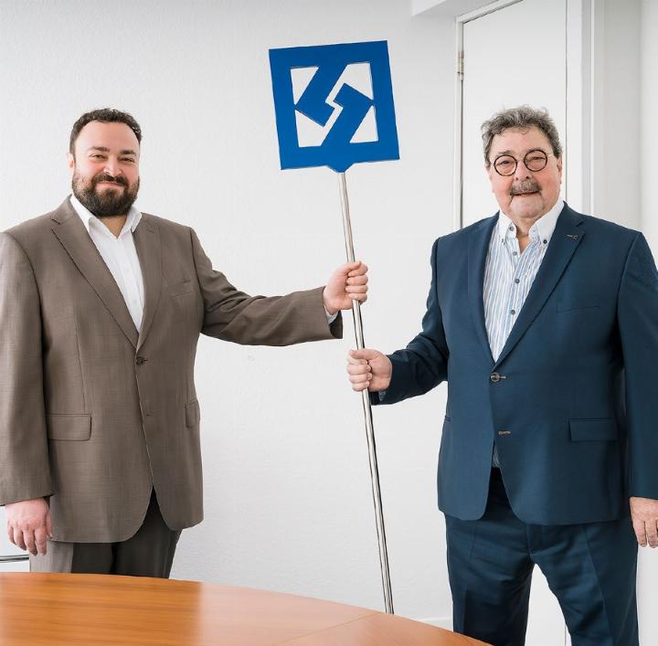 Interne Nachfolgeregelung: Ramon Bischof (l.) folgt seinem Vater Alexander Bischof (r.) nach. Beim blauen Logo auf dem Stab handelt es sich um das seit Jahrzehnten verwendete Firmenlogo. Foto: zVg