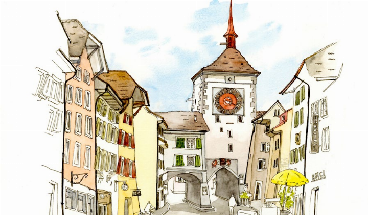 Mellingens Hauptgasse einmal anders: Ein «Urban Sketching»-Bild von Susanne Brem. Die Künstlerin aus Bremgarten ist Initiantin der Kurse. Dieses und weitere Bilder vom März 2026 sind im Forum der Stadtscheune ausgestellt.