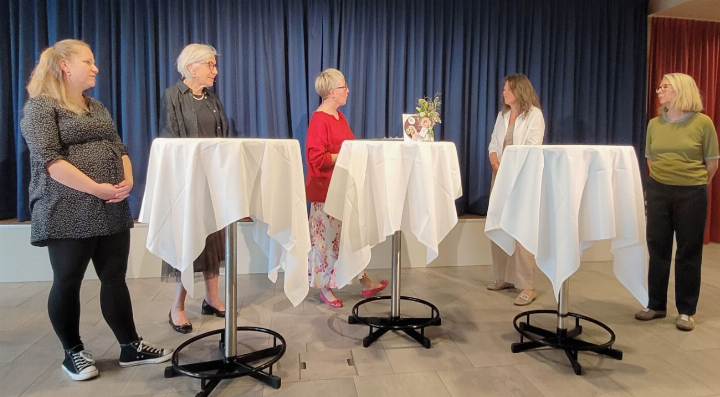 Sie diskutierten nach dem Referat miteinander über das Thema Freiwilligenarbeit: v. l. Karin Rippstein (Fachexpertin), Beatrice Koller (Präsidentin Luise-Thut-Stiftung), Carmen Frei (Moderatorin), Josefine Heldner (Freiwillige) und Pasqualina Perrig-Chiello. Foto: ch