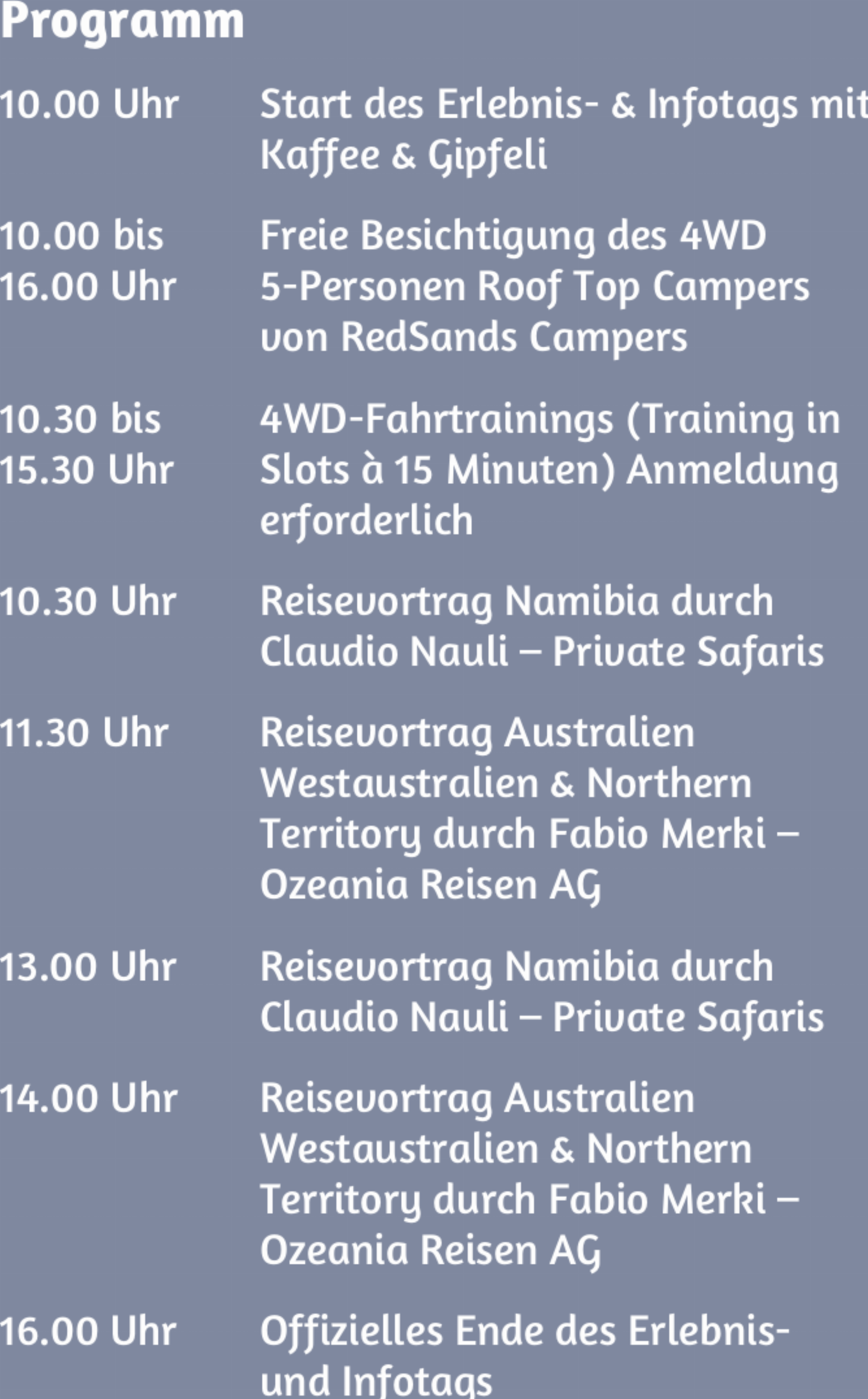 Auf ins Gelände – 4WD Erlebnis- & Infotag von Ozeania Reisen AG mit RedSands Campers & TCS Hinwil - Das Bild wird blockiert. – Möglicherweise durch einen aktiven Adblocker.