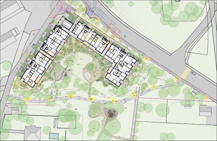 Zwischen Alter Bahnhofstrasse (links) und Industriestrasse (rechts) sollen im Gebiet Sandfoore auf fünf Etagen 71 neue Eigentumswohnungen gebaut werden. Zurzeit liegt das Baugesuch auf. Situationsplan: KMP Architektur AG/zVg