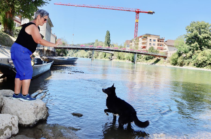 Hanna Minder spielt mit ihrer Hündin im seichten Wasser der Reuss. Die Mellingerin kann sich nicht erinnern, dass der Reusspegel jemals so tief war. Hanna Minder spielt mit ihrer Hündin im seichten Wasser der Reuss. Die Mellingerin kann sich nicht erinnern, dass der Reusspegel jemals so tief war.