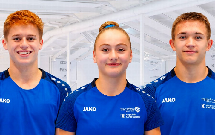 Von links: Ben Schumacher (Mägenwil, TV Lenzburg), Simona Frei (Kutu Obersiggenthal) und Loris Marty (Niederwil, TSV Rohrdorf) werden die Schweiz an den Nachwuchs-Europameisterschaften vertreten. Foto: zVg/Turnsport Aargau