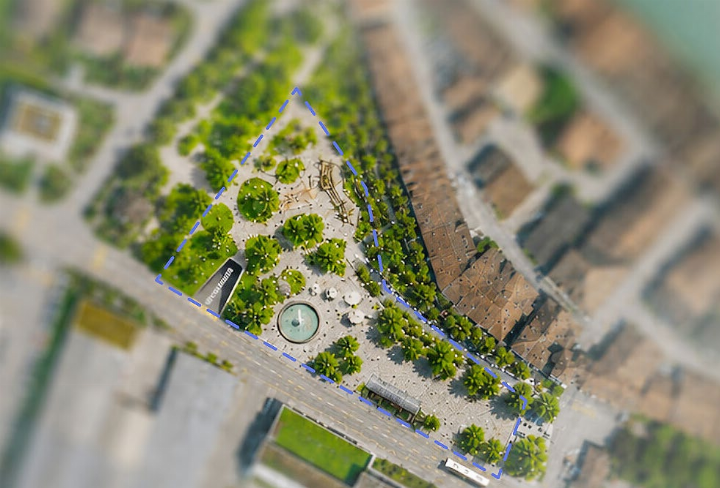 «Raum für öffentliche Begegnungen», Vision 1, am wenigsten begrünt. Ein Teil der Gesamtfläche wird bepflanzt, der andere Teil wird als offener Platz gestaltet mit wasserdurchlässigem Kiesbelag und Baumgruppen. Die bewusste Reduktion auf wenige Ausstattungselemente lässt Freiraum für spontane Anlässe und individuelle Nutzung. Diese Gestaltung fördert Begegnung und passt sich den Bedürfnissen der Nutzenden an. Visualisierungen: zVg