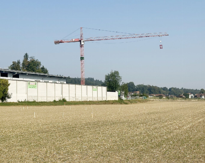 Die Bauprofile auf der Parzelle zeigen, wie die Erschliessung der Geere erfolgt. Später sollen auf der Parzelle Firmen angesiedelt werden. Gehen bei der Auflage keine Einwendungen ein, werden Baugesuche schon bald folgen. Foto: dg