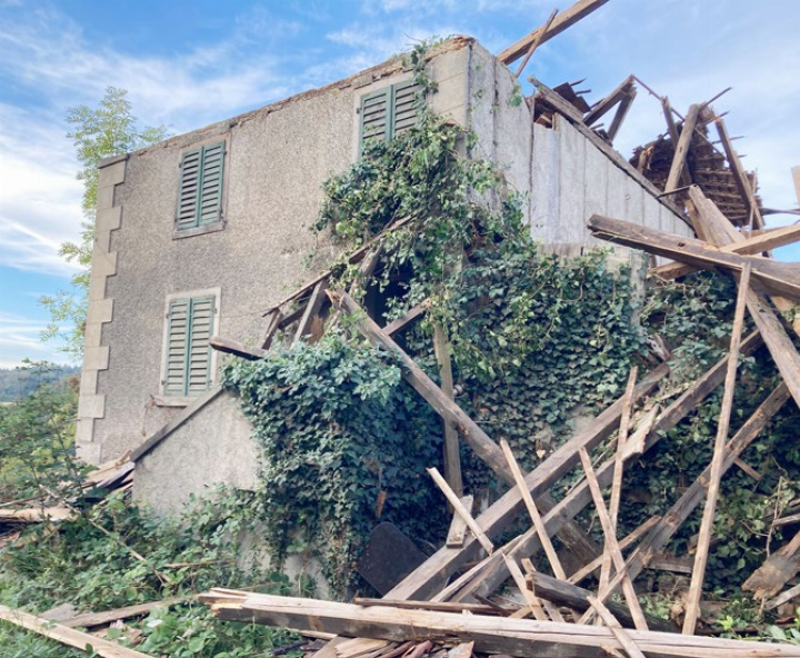 Die Hausruine, von der Kantonsstrasse aus gesehen.