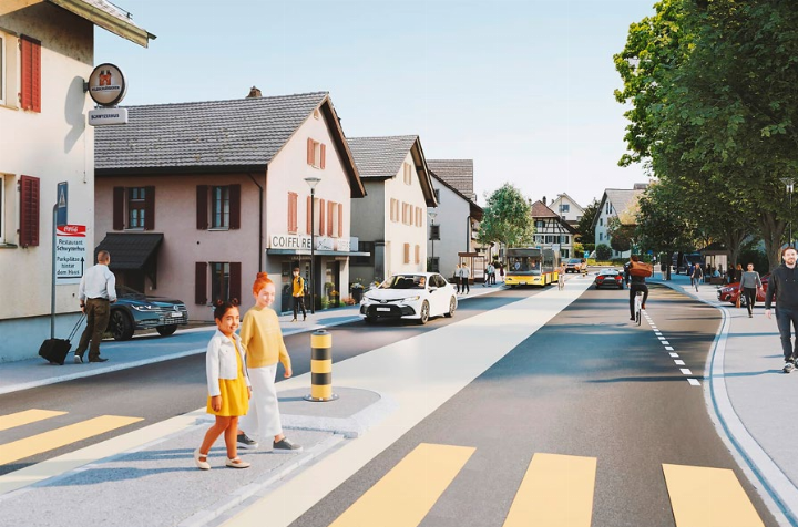 Die Fussgängerstreifen erhalten Inseln und es gibt farblich abgesetzte Mittelzonen. Der Bus Richtung Mellingen hält auf der Strasse. Visualisierung: zVg Die Fussgängerstreifen erhalten Inseln und es gibt farblich abgesetzte Mittelzonen. Der Bus Richtung Mellingen hält auf der Strasse. Visualisierung: zVg