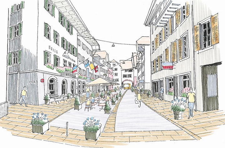 So soll sich die Hauptgasse in Mellingen nach der Sanierung präsentieren, links der «Löwen» und rechts das Restaurant Weisses Kreuz. Skizze: Buchmann Landschaftsarchitektur, Langnau im Emmental