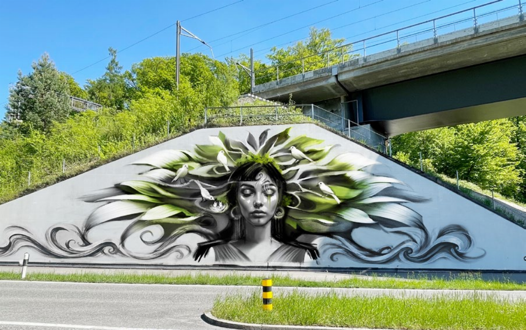 Das riesige Wandbild «Find your roots» (Finde deine Wurzeln) sollte den nördlichen Ortseingang Richtung Fislisbach markieren. Visualisierung: zVg Das riesige Wandbild «Find your roots» (Finde deine Wurzeln) sollte den nördlichen Ortseingang Richtung Fislisbach markieren. Visualisierung: zVg